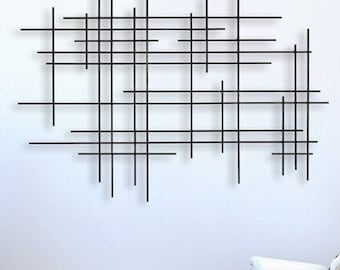 Black Metal Wall Sculpture: Abstract Geometric Line Art