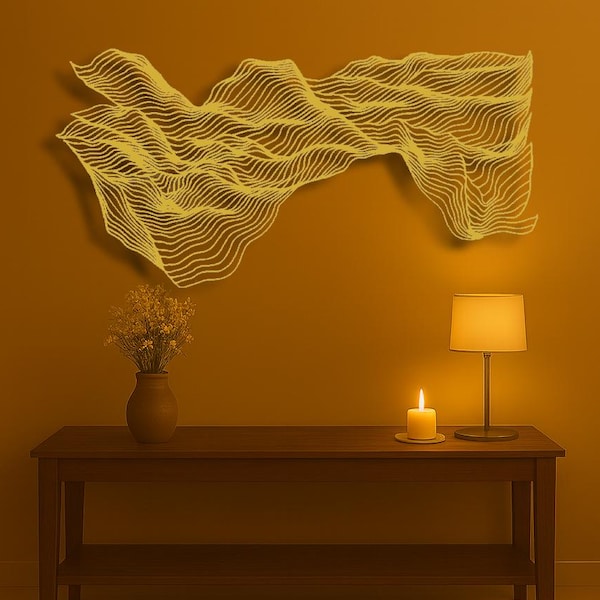 Escultura de pared abstracta en metal dorado: Decoración nórdica, opciones de color, letrero de entrada, arte de mediados de siglo