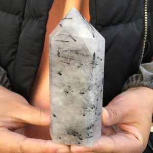 0.72LB Natural tourmaline quartz crystal obelisk wand point healing 4.8'' MC24