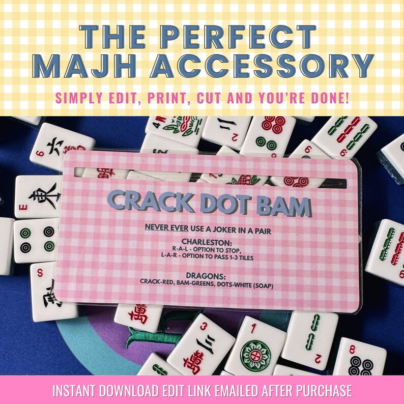 May include: A pink and white card with the text "Crack Dot Bam" in blue. The card has instructions for playing a game of Mahjong, including rules for using a joker and the different types of dragons. The card is surrounded by Mahjong tiles.
