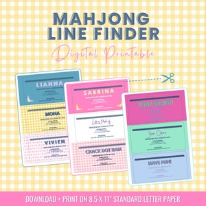 May include: Printable Mahjong Line Finder game cards with different names and colors. The cards have instructions for playing the game, including "Never ever use a joker in a pair".