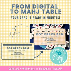 May include: Printable Mahjong game card with instructions for Dot Crack Bam rules. The card is ready to be cut out and used. The card is personalized with the name "Coril".