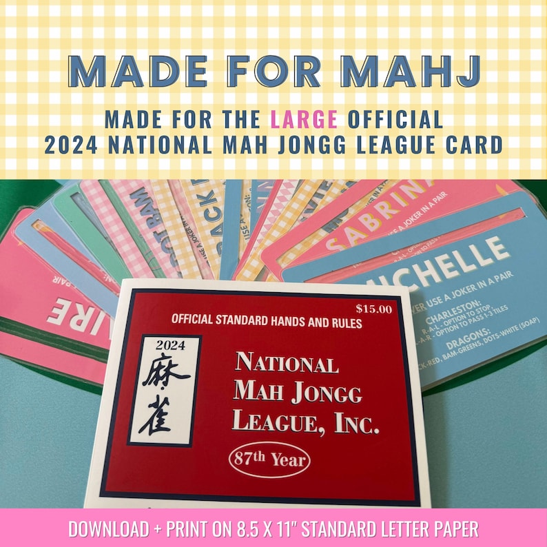 May include: A red and white card with the text "2024 National Mah Jongg League, Inc. 87th Year" and the Chinese characters for "Mah Jongg". The card is surrounded by colorful cards with names written on them.