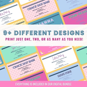 May include: Nine different designs for printable game cards. Each card features a pink, blue, or green background with a white checkered pattern. The cards have a pink, blue, or green border and the text "Never ever use a joker in a pair" with the game rules listed below. The text "Crack Dot Bam" is printed in a pink, blue, or green font on each card.