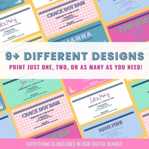 May include: Nine different designs for printable game cards with a pink, blue, and green color scheme. The cards feature the text "Never ever use a joker in a pair" and "Crack Dot Bam".
