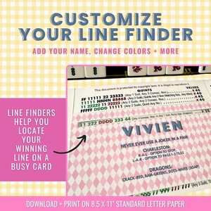 May include: A pink and white printable line finder for the game Mahjong. The line finder is designed to help players locate winning lines on a busy card. The line finder includes a section for the player's name, "VIVIEN", and instructions for using the line finder. The line finder is designed to be printed on 8.5 x 11 inch standard letter paper.