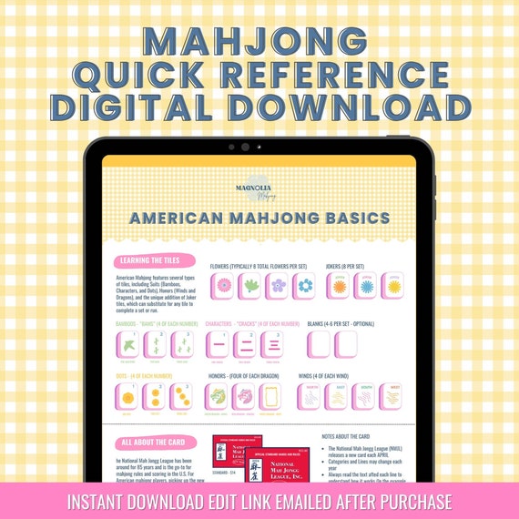 Quick Visual Reference Guide to American Mahjong for Beginners: How to Play, Tiles, Strategies, Hosting Tips + Cocktails! (Digital PDF)