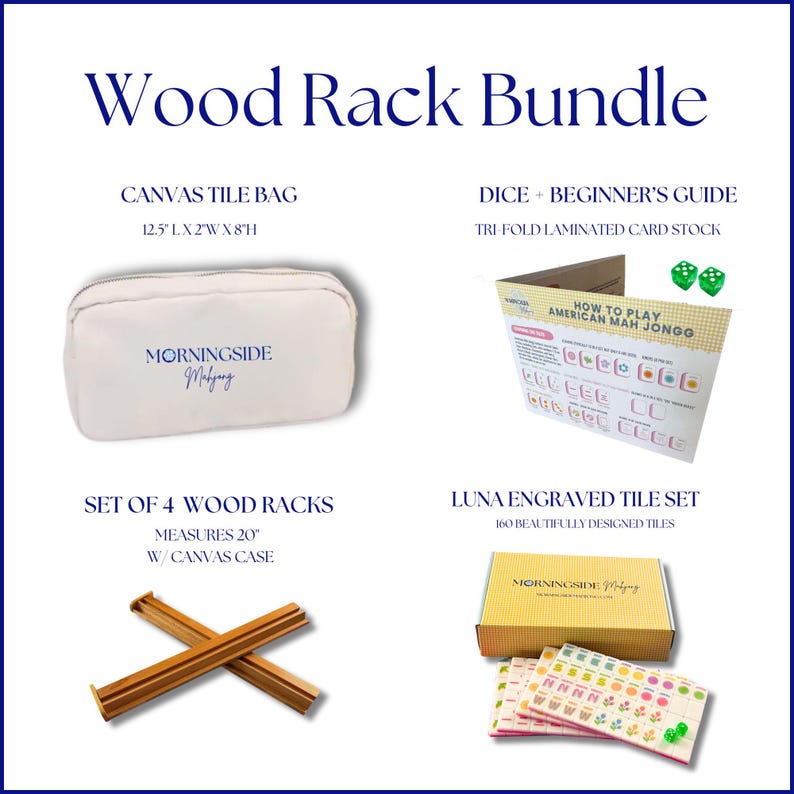 Luna Tiles – Duży zestaw grawerowanych płytek mahjong z pamiątkami – Nowoczesna i jasna kolekcja (W MAGAZYNIE) Wood Rack Bundle