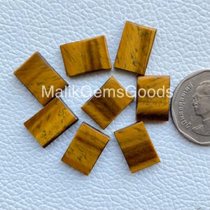 May include: A collection of eight rectangular tiger's eye gemstones, displaying a rich blend of golden-brown hues with dark brown stripes. The gemstones are arranged on a light-colored surface, with a coin visible for size comparison. The text "Malik Gems Goods" is also visible.