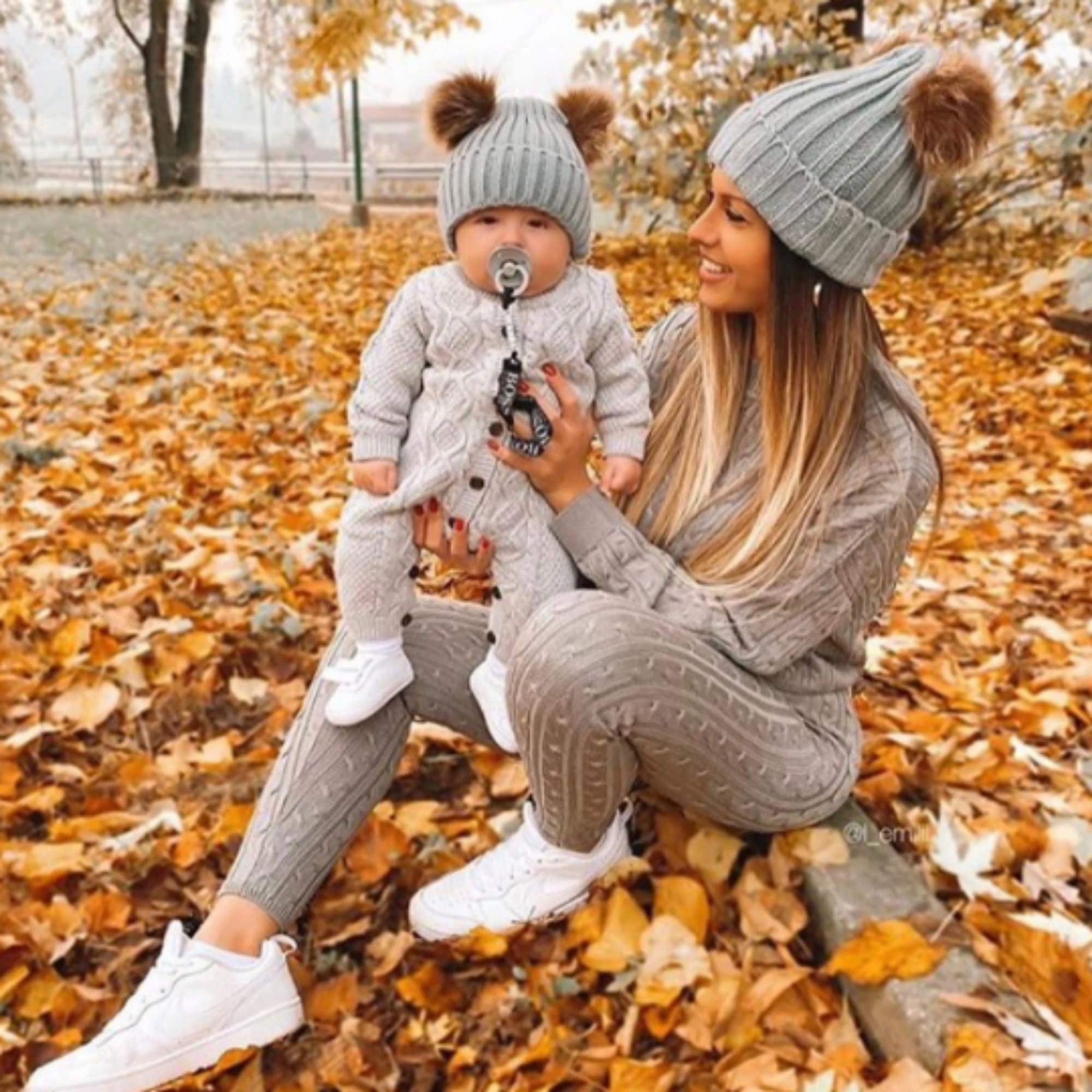 Baby Double Pom Pom Hats Mom and Baby 