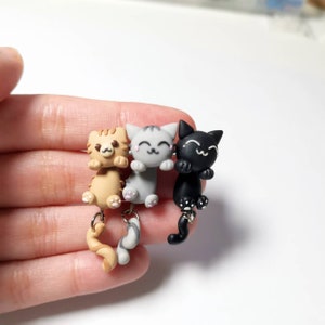 Süßes Kätzchen Kitty Katze baumelnde Ohrringe Ganzkörper | Handgefertigte Polymer Ohrringe | Schwarze Katze Graue Katze Braune Katzenohrringe Kawaii Tierohrringe