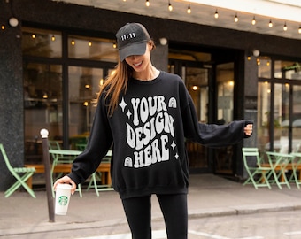 GILDAN 18000 Black Mockup | Gildan 18000 Model Mockup | OVERSIZED BLACK Sweatshirt Mockup, G18 Black Sweatshirt, Trendy Model Mockup