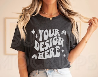 Bella Canvas 3001 Mockup | Bella Canvas Dark Heather Grey Mockup | Model Tshirt Mockup, Boho T-shirt Mockup, Bella Canvas Model Mockup