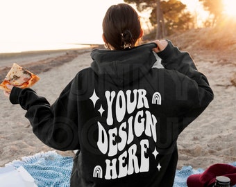 Black Hoodie Back Outdoor Summer Mockup | Gildan 18500 Real Model Beach Photo