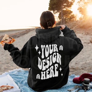 Black Hoodie Back Outdoor Summer Mockup | Gildan 18500 Real Model Beach Photo