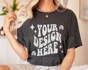 Bella Canvas 3001 Mockup | Bella Canvas Dark Heather Grey Mockup | Model Tshirt Mockup, Boho T-shirt Mockup, Bella Canvas Model Mockup