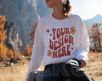 WHITE Sweatshirt Mockup, Gildan 18000 White Mockup | Gildan White Sweatshirt Mockup | G18 White Sweatshirt Mockup, Outdoor Sweater Mockup