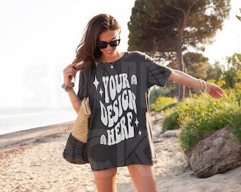 Bella Canvas 3001 Dark Heather Grey | Real Model Grey T-shirt Mockup, Oversized Beach Shirt Mockup