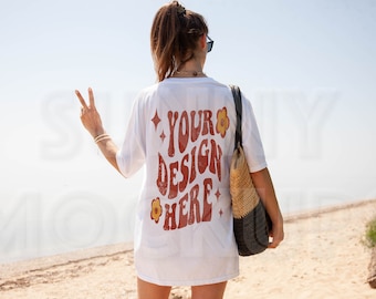 OVERSIZED White T-shirt BACK Mockup, Comfort Colors 1717 Real Model Photo, Beach Shirt Outdoor Mock-Up