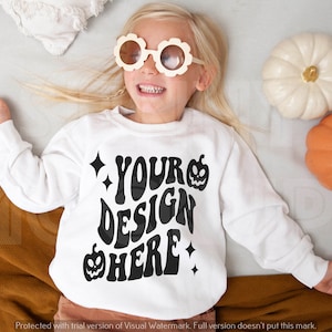 FALL Gildan 18000b White Mockup / Kids White Sweatshirt Mockup | Toddler White Sweatshirt Mockup | Toddler Crewneck Mockup, Halloween Mockup