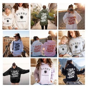 Może przedstawiać: Kolekcja r&oacute;żnych bluz z kapturem o r&oacute;żnych wzorach i kolorach. Bluzy z kapturem zawierają tekst "Sunny Mockups" i "Your Design Here".