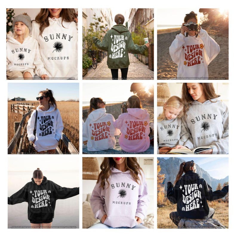 Może przedstawiać: Kolekcja r&oacute;żnych bluz z kapturem o r&oacute;żnych wzorach i kolorach. Bluzy z kapturem zawierają tekst "Sunny Mockups" i "Your Design Here".