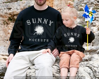 Vater und Kind Sweatshirt Mockup, Gildan 18000 und 18000b Schwarz Rundhalsausschnitt, Daddy and Me Mock-Up