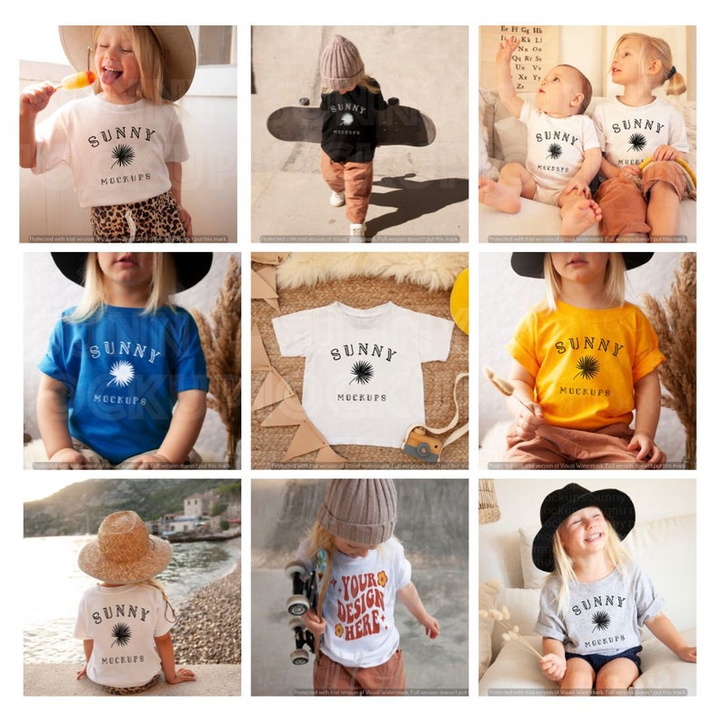 May include: A collection of nine photos showcasing various children's t-shirt mockups. The shirts feature different colors, designs, and text, including "Sunny Mockups" and "Your Design Here". The photos depict children wearing the shirts in various settings, such as outdoors, indoors, and by the beach.