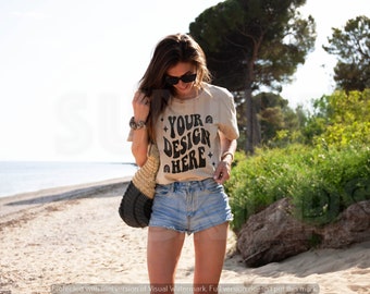 Bella Canvas 3001 SAND DUNE Mockup / Bella Canvas Beach Mockup / Tshirt Model Mockup, 3001 Beige Mockup, Bella Canvas Shirt Summer Mockup
