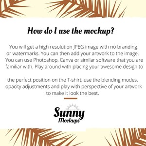 May include: Text on a white background with a tropical leaf border. The text reads "How do I use the mockup?" and explains how to use a high-resolution JPEG image for mockups. The text also includes the brand name "Sunny Mockups".