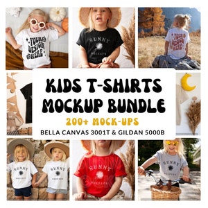 May include: A mockup bundle of kids' t-shirts in various colors and designs. The bundle includes 200+ mockups of Bella Canvas 3001T and Gildan 5000B t-shirts.