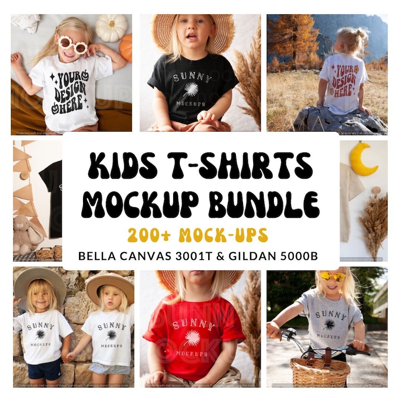 May include: A mockup bundle of kids' t-shirts in various colors and designs. The bundle includes 200+ mockups of Bella Canvas 3001T and Gildan 5000B t-shirts.