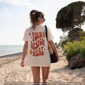 Comfort Colors C1717 Ivory, CC1717 Back,  Oversized Beige T-Shirt Trendy Beach Mockup