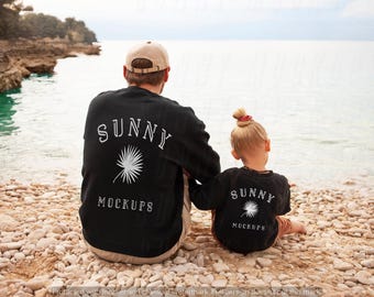 Vater und Kind Sweatshirt BACK Mockup, Gildan 18000 Schwarz Herren Mockup, Gildan 18000b Mockup, Schwarz Sweatshirt Familien Mockup, Daddy und Ich