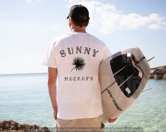 GILDAN 5000 | White Men’s T-shirt Back Mockup, Real Male with Surfboard Beach Shirt Mock-Up