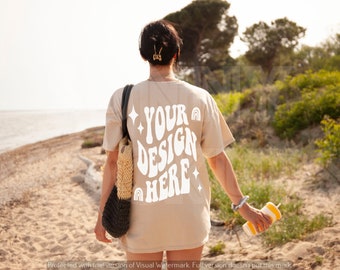 Gildan 5000 SAND | Beige T-shirt Back Real Model Mockup | Oversized Shirt Summer Mock-Up | Beach Tshirt Lifestyle Photo
