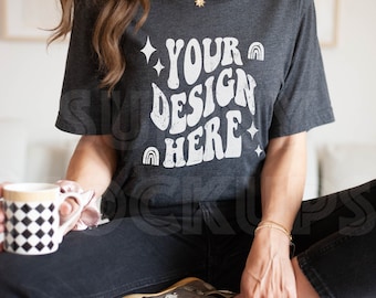 Bella Canvas 3001 Mockup | Bella Canvas Dark Heather Grey Mockup | Model Tshirt Mockup, Boho T-shirt Mockup, Bella Canvas Model Mockup