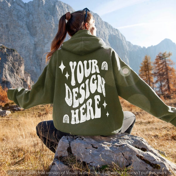 GREEN Hoodie Back Mockup | GILDAN 18500 Military Green Mockup | Oversized Green Hoodie Back Mockup, G185 Military Green, Hoodie Back Mockup