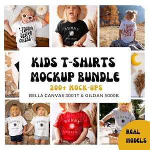 May include: A mockup bundle of kids' t-shirts featuring various designs and colors. The bundle includes 200+ mockups and is available in Bella Canvas 3001T and Gildan 5000B.