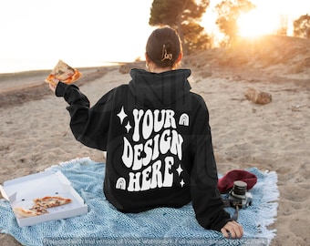 Black Hoodie Back Mockup | Gildan 18500 Real Model Outdoor Photo | Beach Summer Mock-Up