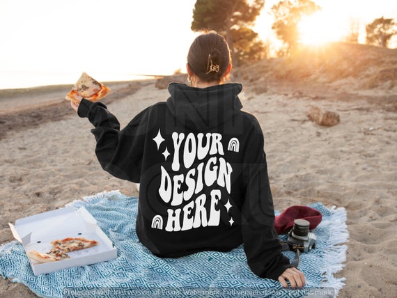 Black Hoodie Back Mockup | Gildan 18500 Real Model Outdoor Photo | Beach Summer Mock-Up
