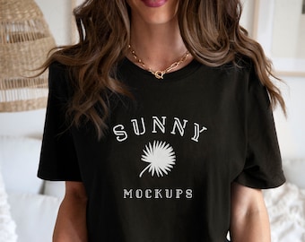 Maqueta de camiseta negra de modelo real, Bella Canvas 3001, foto de camisa acogedora para POD