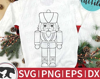 May include: A black and white line art illustration of a Christmas nutcracker. The nutcracker is wearing a hat and has a mustache and beard. The image is on a white background.
