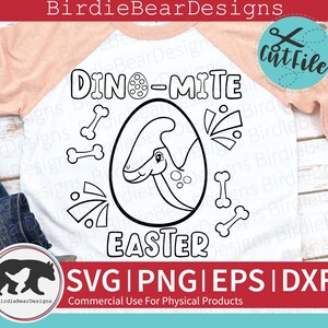 May include: A black and white digital design featuring a dinosaur inside an egg with the text "Dino-mite Easter".