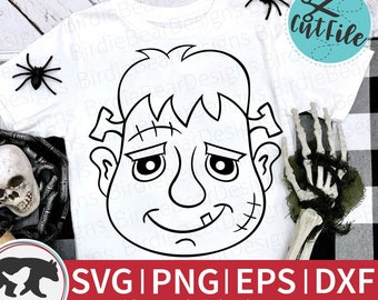May include: Black and white line art illustration of a Frankenstein's monster face with stitches. The image is on a white background with the text "SVG | PNG | EPS | DXF" and "Commercial Use For Physical Products" below the image.