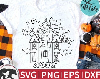 Halloween Coloring Svg, Haunted House Svg, Haunted House Coloring Page Svg, Spooky Svg, Cute Halloween Svg, Fall Coloring Shirt Svg, Boo Svg