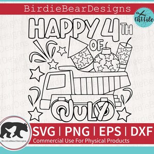 Feliz 4 de julio SVG, 4 de julio colorear SVG, Patriotic Truck svg, camión colorear svg, fuegos artificiales svg, 4 de julio camión svg, camión volquete svg