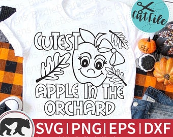 May include: A black and white digital design featuring a smiling apple with leaves and the text "Cutest Apple in the Orchard".