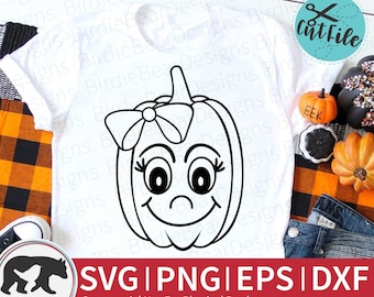 Cara de calabaza svg, chica calabaza svg, linda calabaza svg, arco de calabaza svg, página para colorear de calabaza svg, png, dxf, niños otoño svg, acción de gracias svg