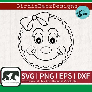May include: Black and white line art illustration of a smiling face with a bow on top of its head. The face is round and has large eyes, a small nose, and a wide smile. The illustration is suitable for use in crafting projects, such as cutting, printing, or embroidery.